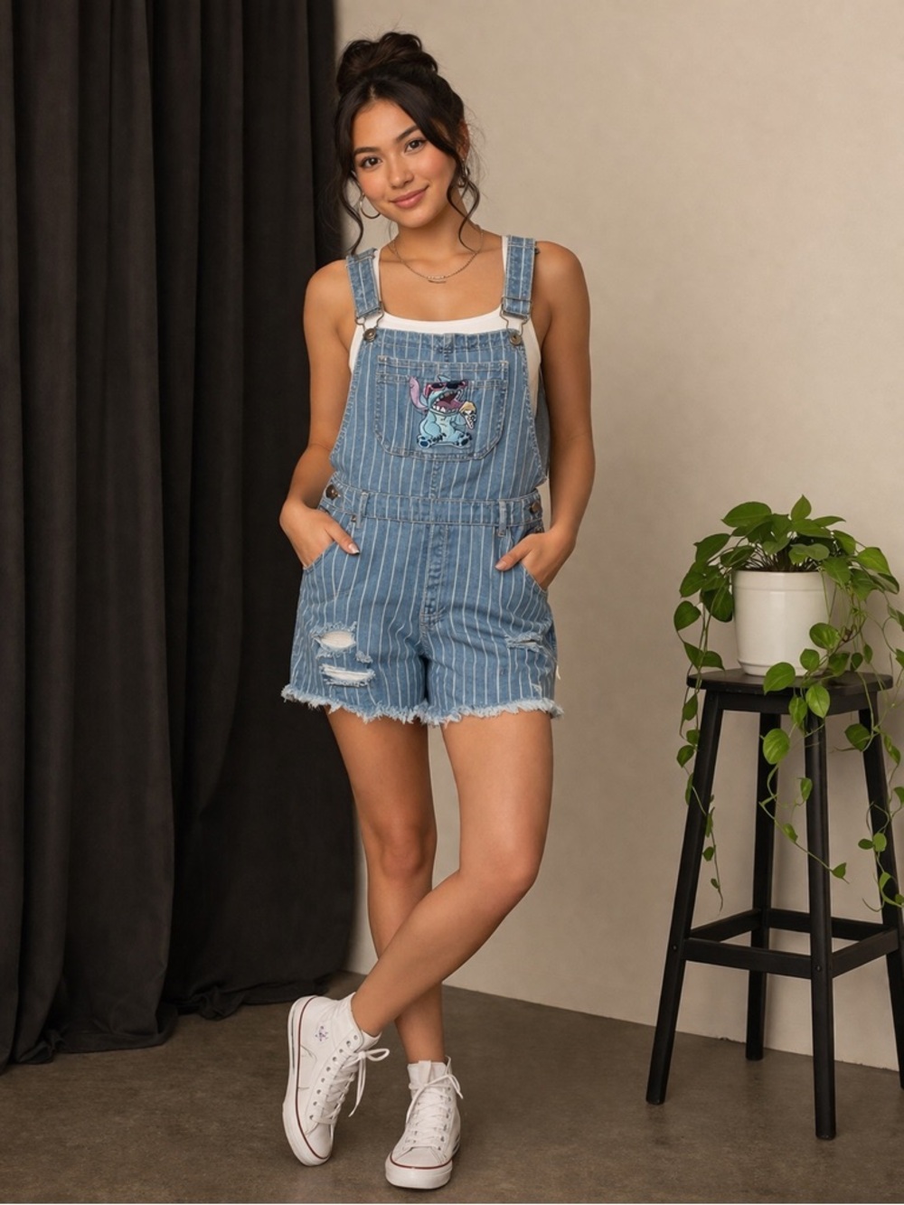 Stitch Women’s Striped Denim Short Overalls Size XS